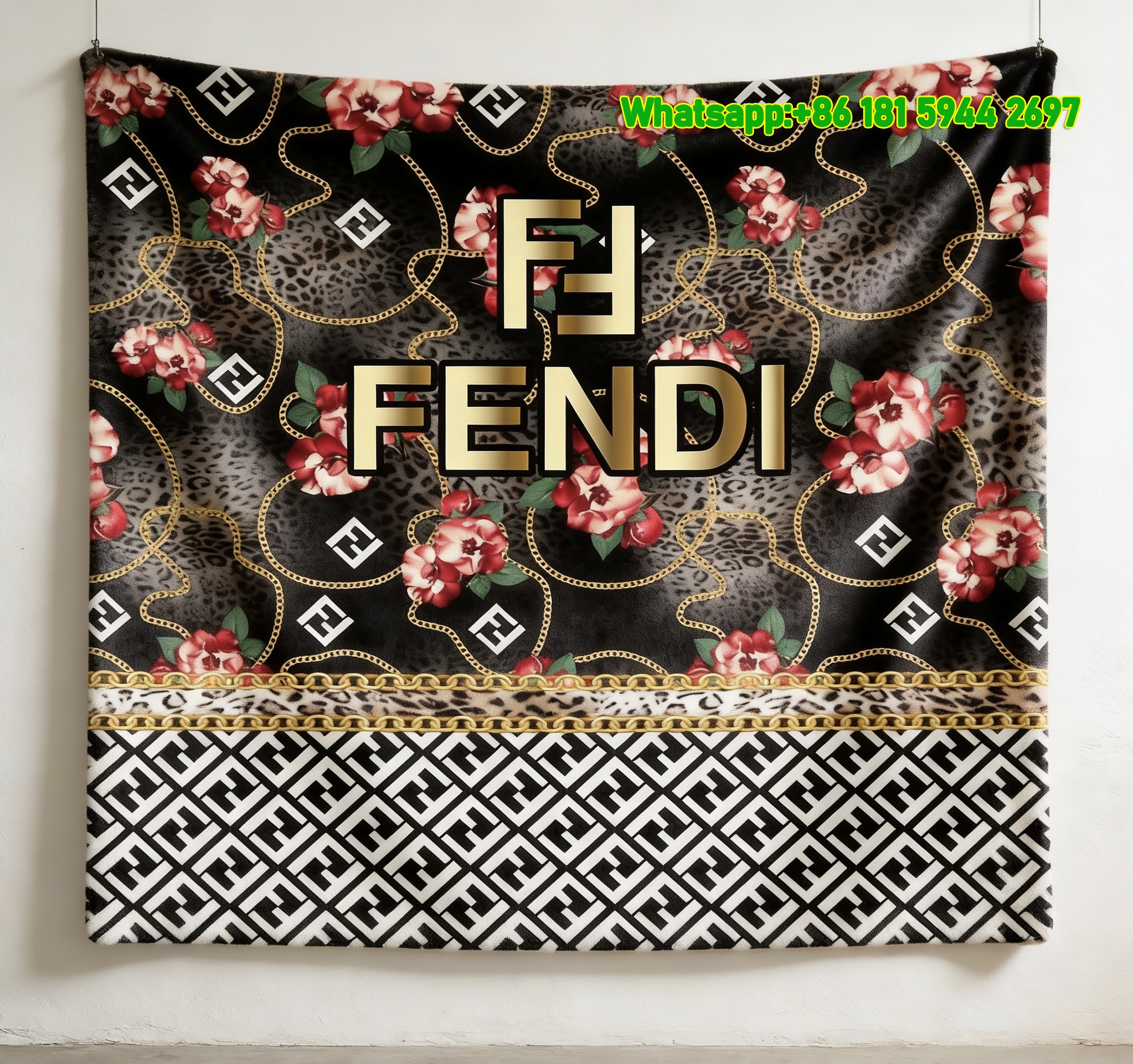 Fendi Black Red Gold FF Monogram Floral Leopard Flannel Throw Blanket IMG_9480